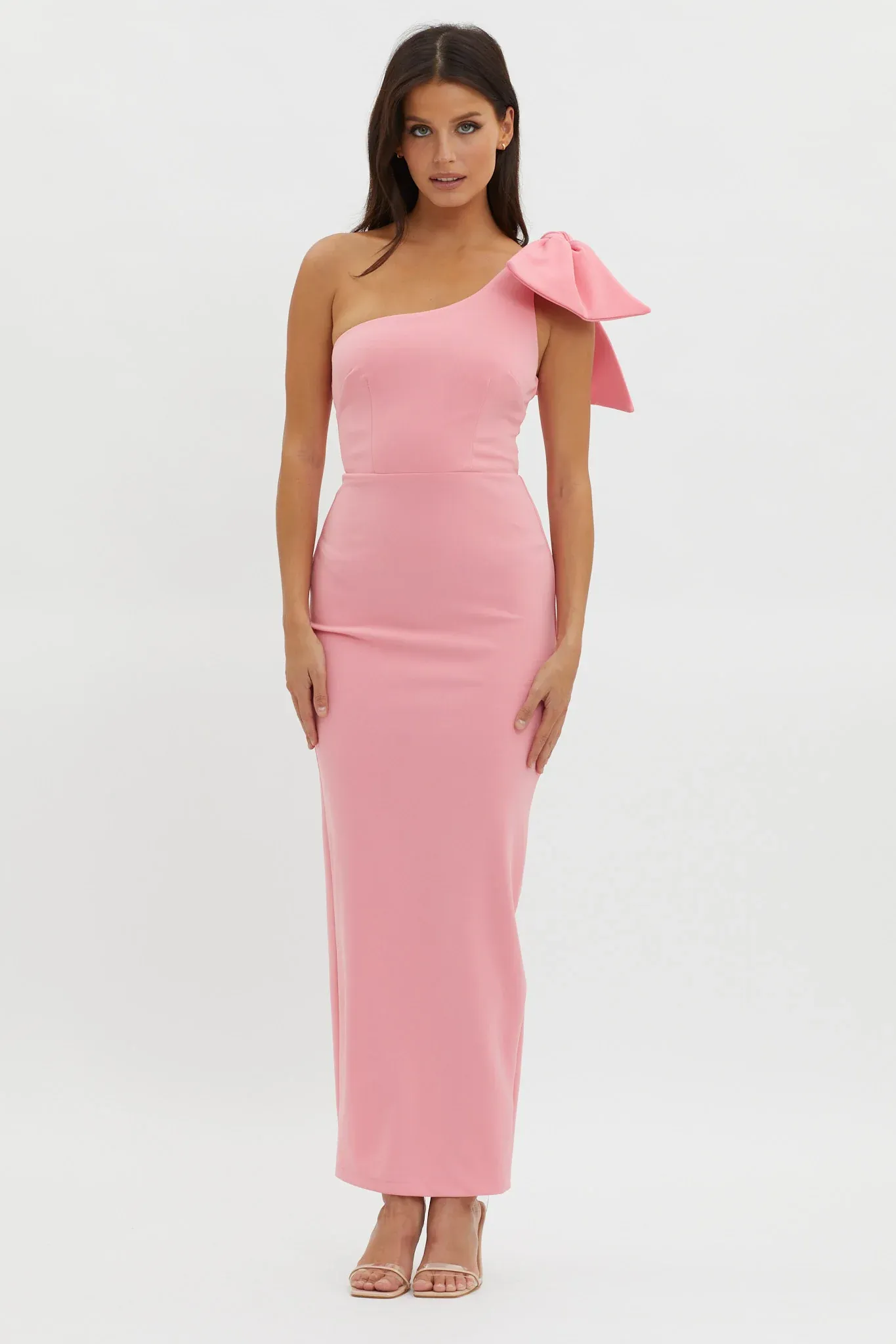 Tiffany One-Shoulder Bow Maxi Dress Pink