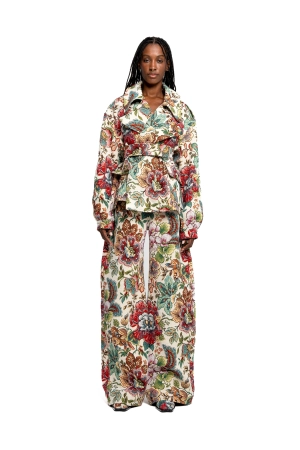 WHITE FLORAL BROCADE BOYFRIEND TROUSERS