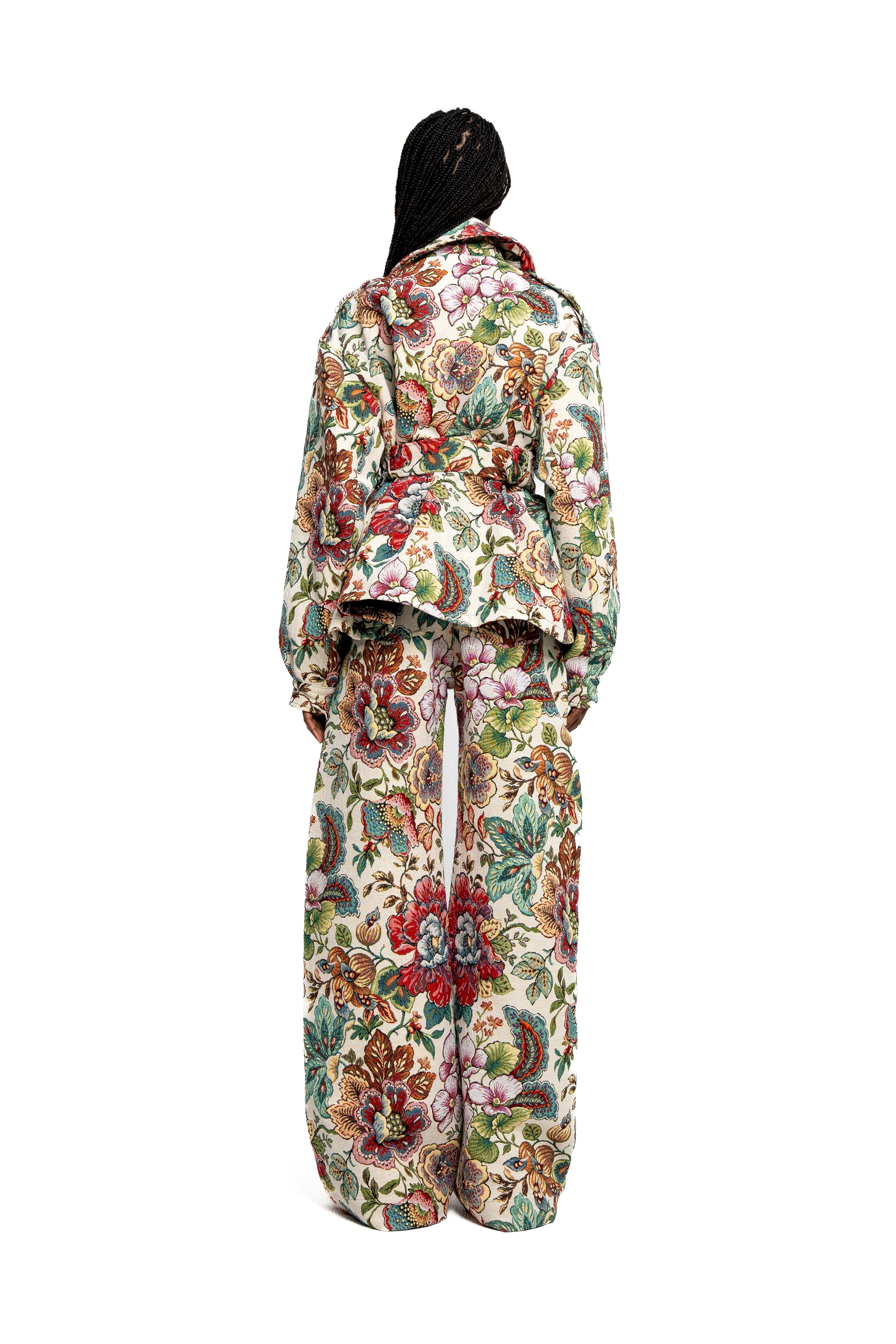 WHITE FLORAL BROCADE BOYFRIEND TROUSERS