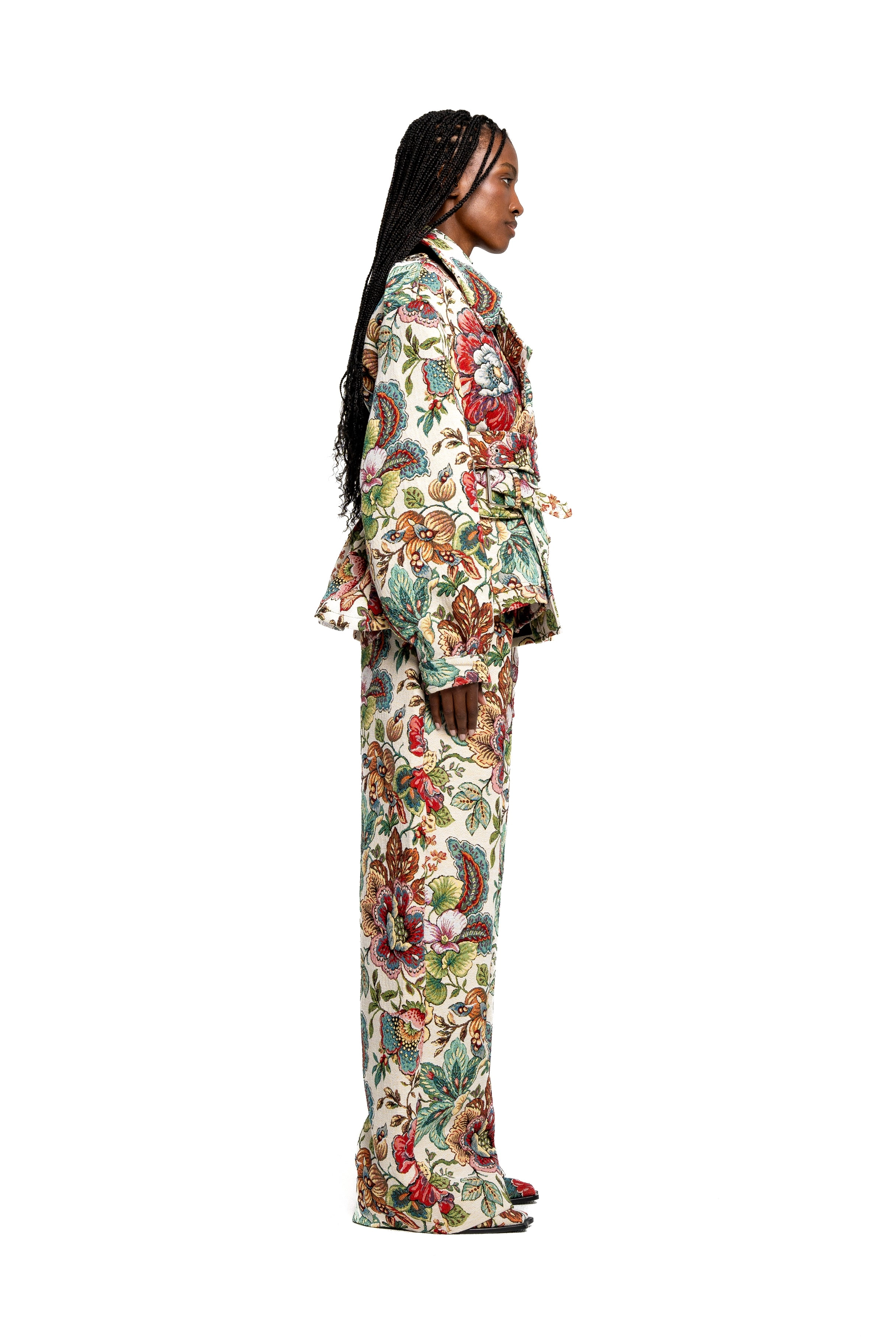 WHITE FLORAL BROCADE BOYFRIEND TROUSERS