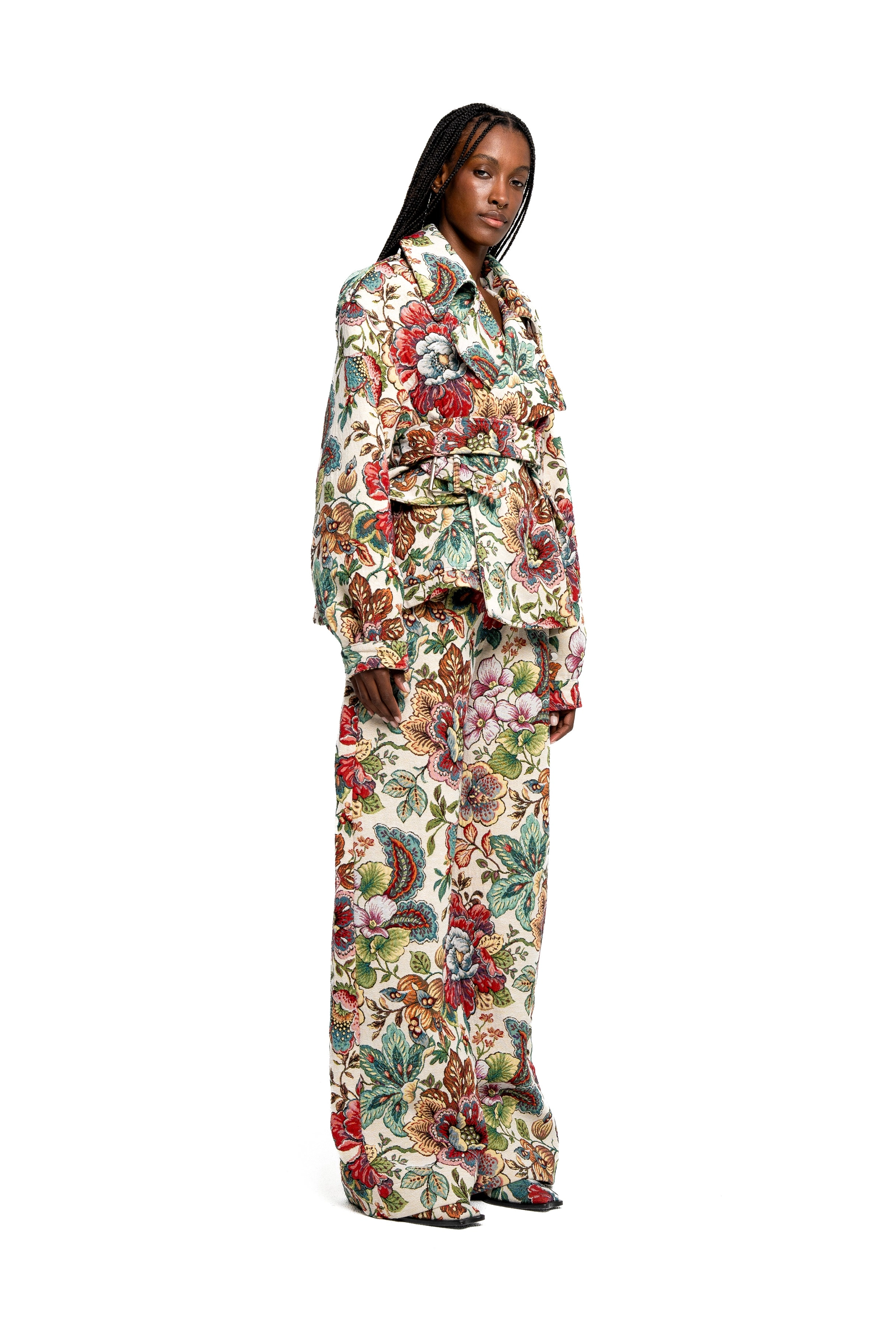 WHITE FLORAL BROCADE BOYFRIEND TROUSERS