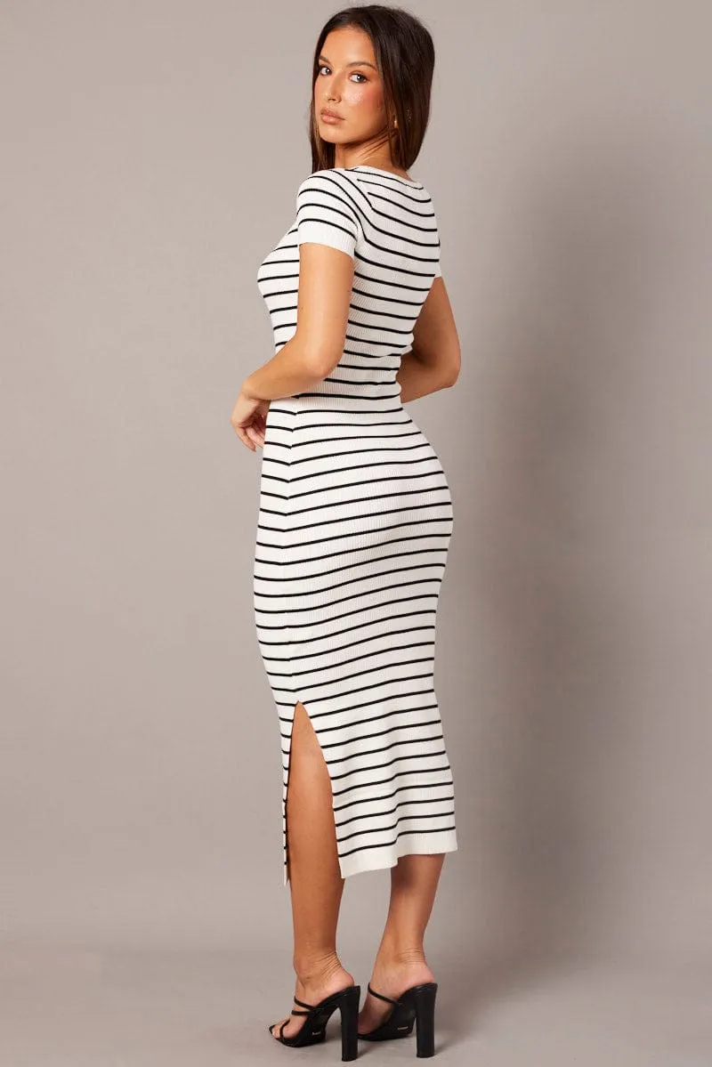White Stripe Knit Dress Short Sleeve Bodycon Midi